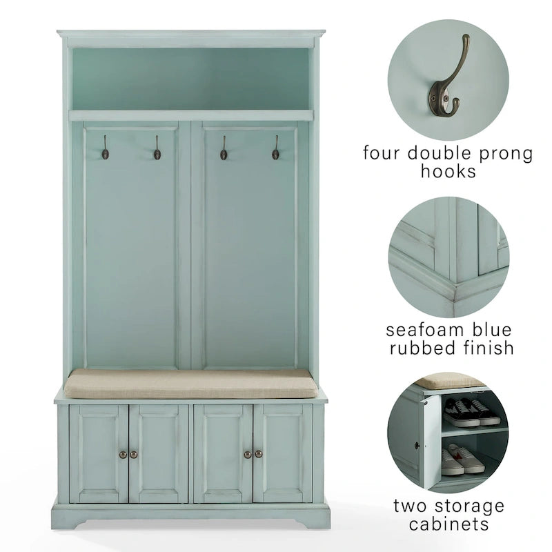 Entryway Hall Tree with Storage Cabinets, Bench and Coat Hooks