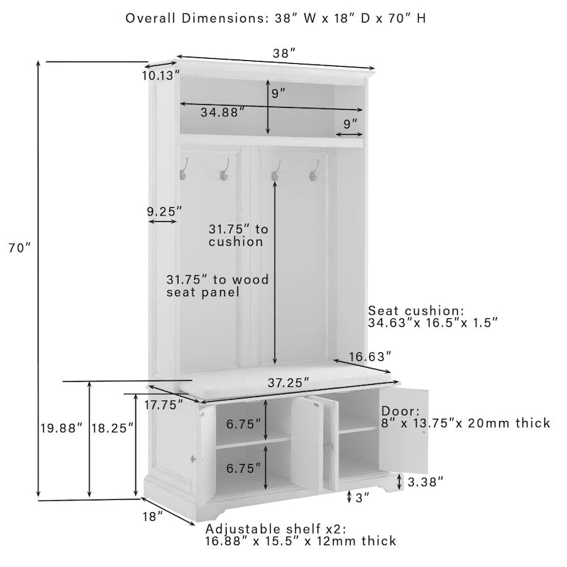 Entryway Hall Tree with Storage Cabinets, Bench and Coat Hooks