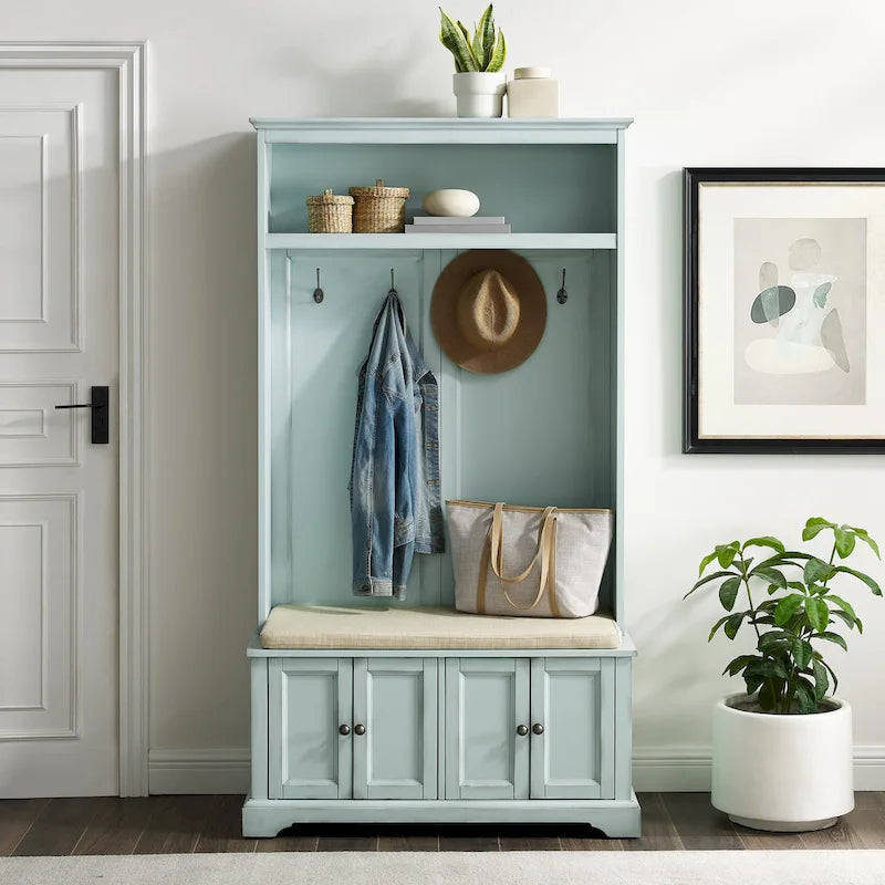 Entryway Hall Tree with Storage Cabinets, Bench and Coat Hooks