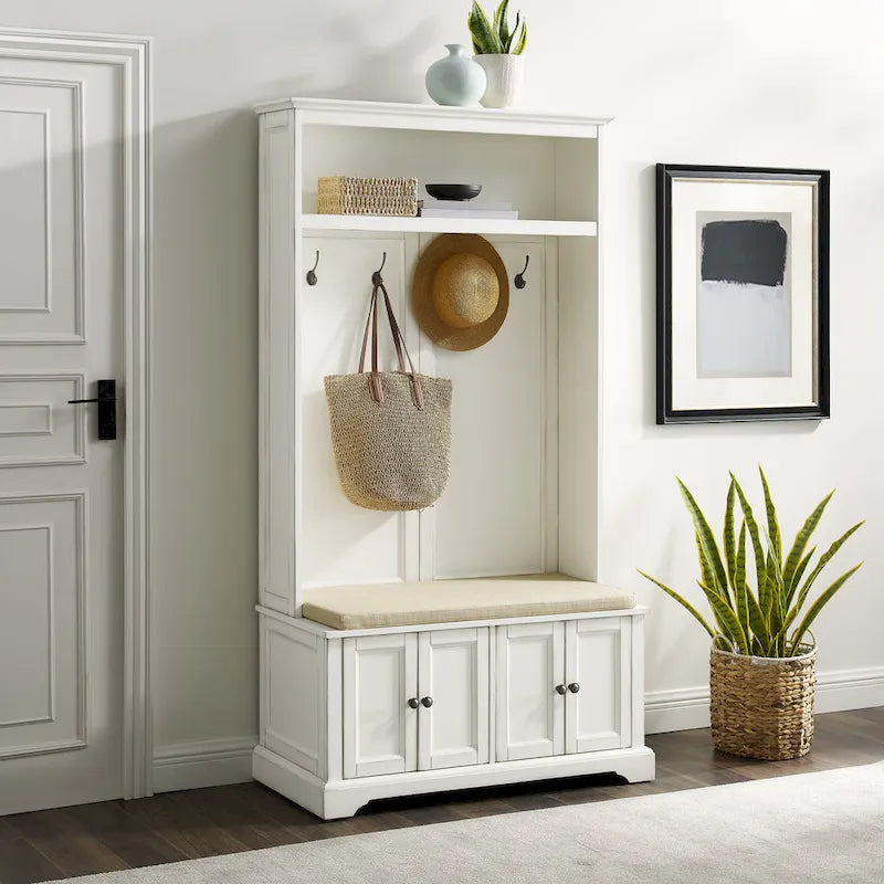 Entryway Hall Tree with Storage Cabinets, Bench and Coat Hooks