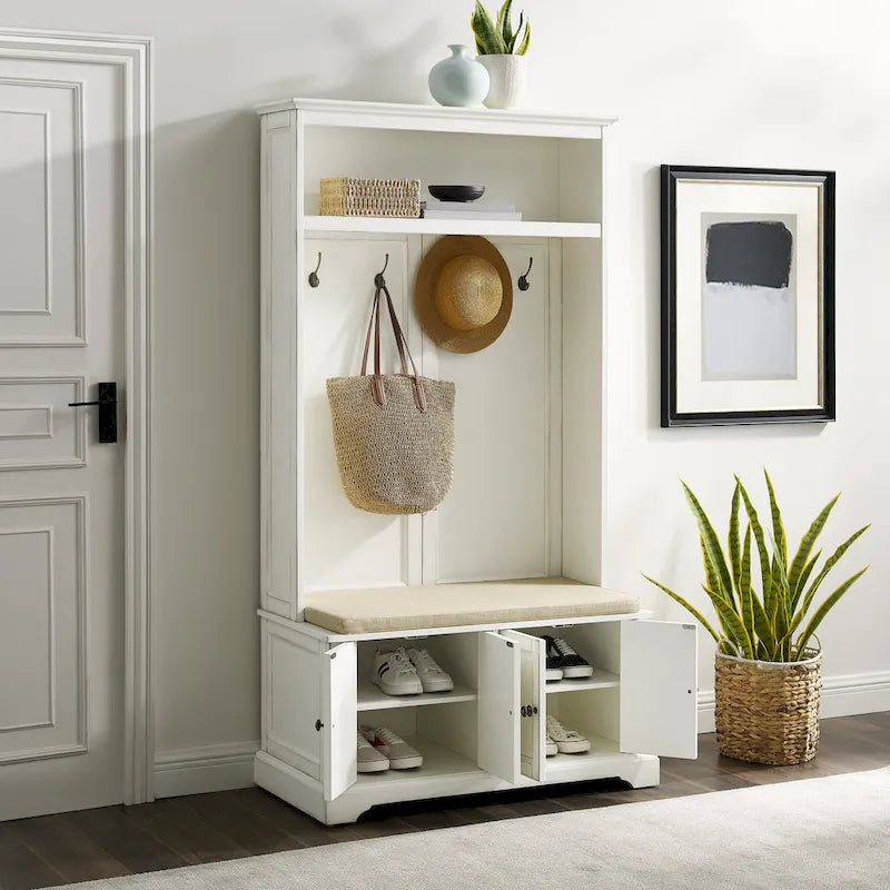 Entryway Hall Tree with Storage Cabinets, Bench and Coat Hooks