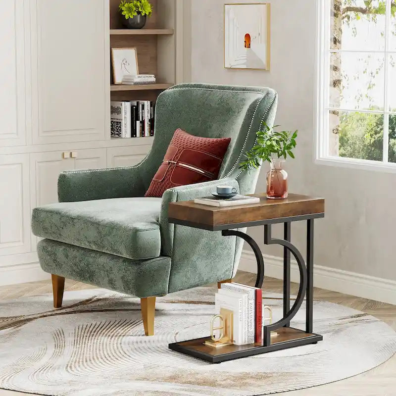 Table d'appoint en forme de C en faux marbre avec cadre doré