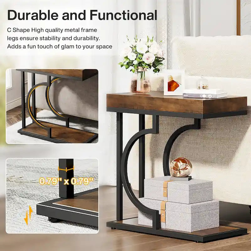 C-Shaped Faux Marble End Table with Gold Frame