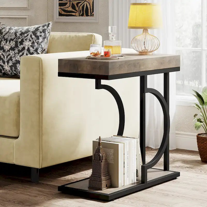 C-Shaped Faux Marble End Table with Gold Frame