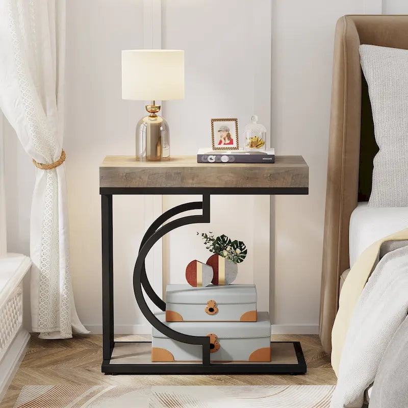 C-Shaped Faux Marble End Table with Gold Frame