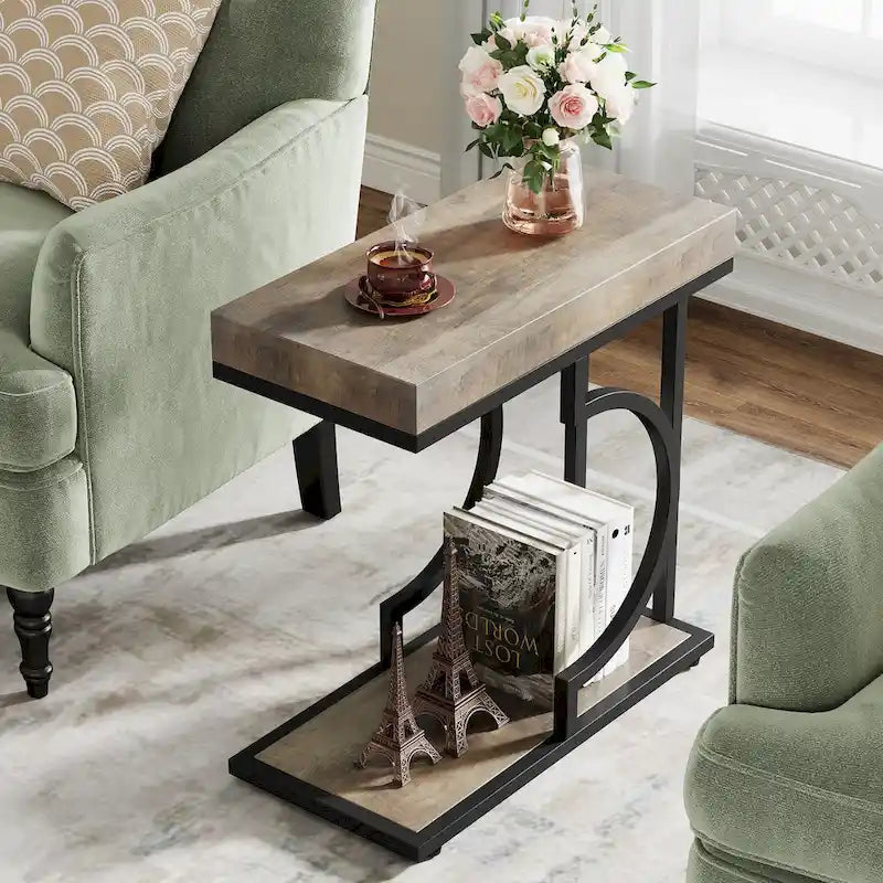 C-Shaped Faux Marble End Table with Gold Frame