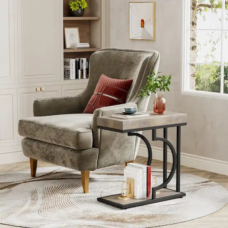C-Shaped Faux Marble End Table with Gold Frame