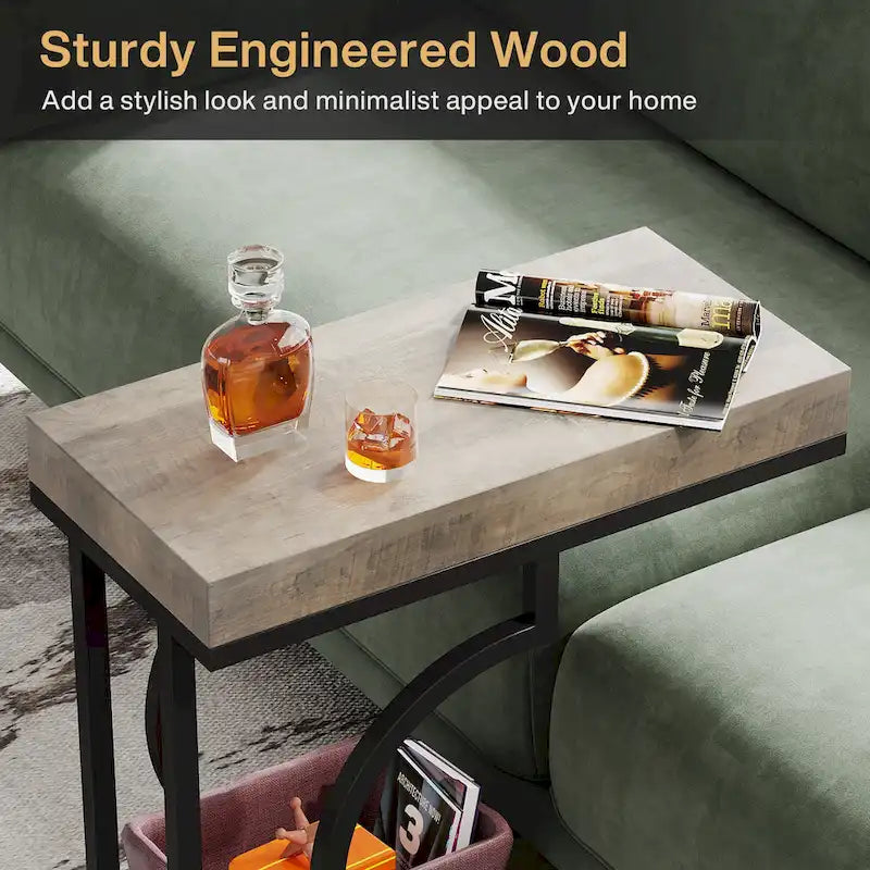 C-Shaped Faux Marble End Table with Gold Frame