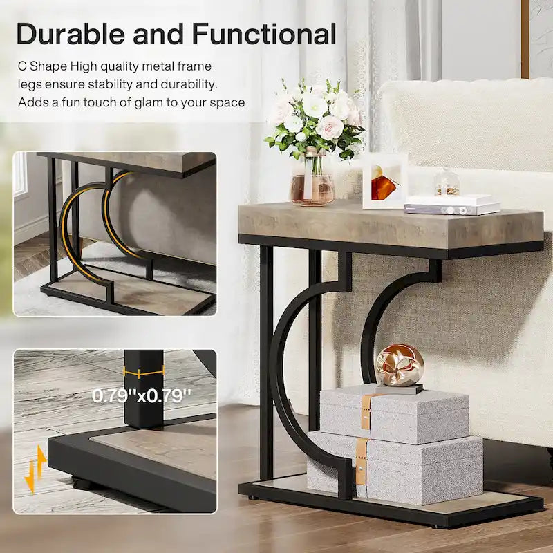 C-Shaped Faux Marble End Table with Gold Frame