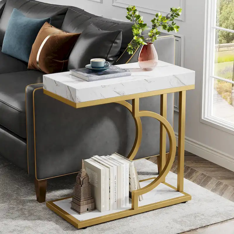 C-Shaped Faux Marble End Table with Gold Frame