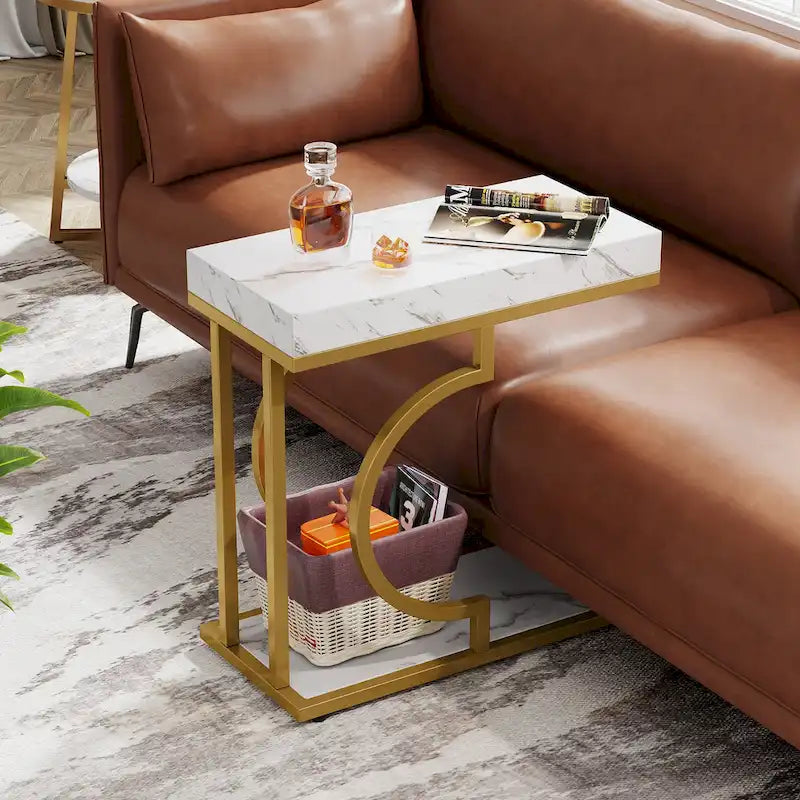 C-Shaped Faux Marble End Table with Gold Frame
