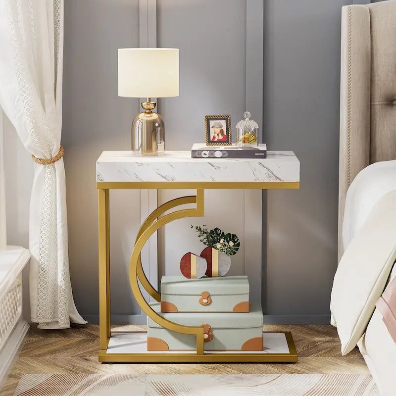 C-Shaped Faux Marble End Table with Gold Frame