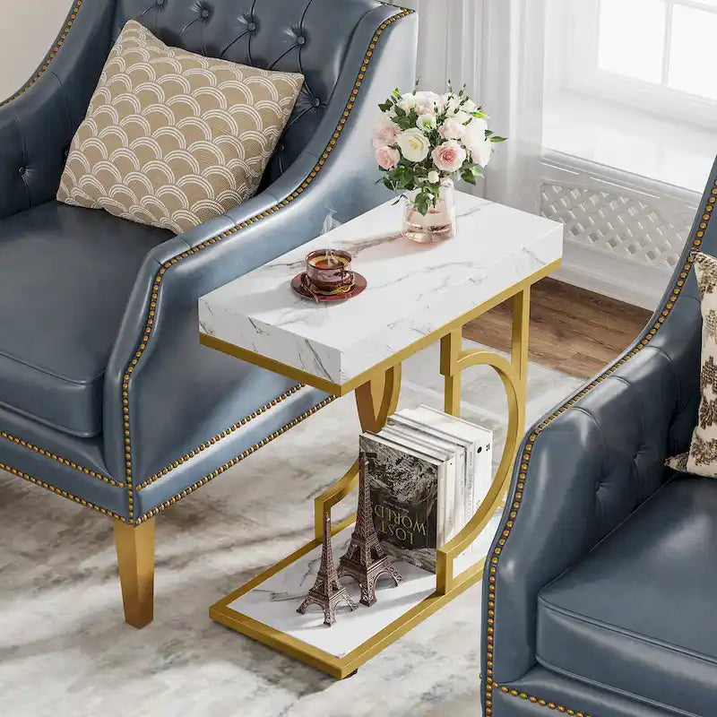 C-Shaped Faux Marble End Table with Gold Frame