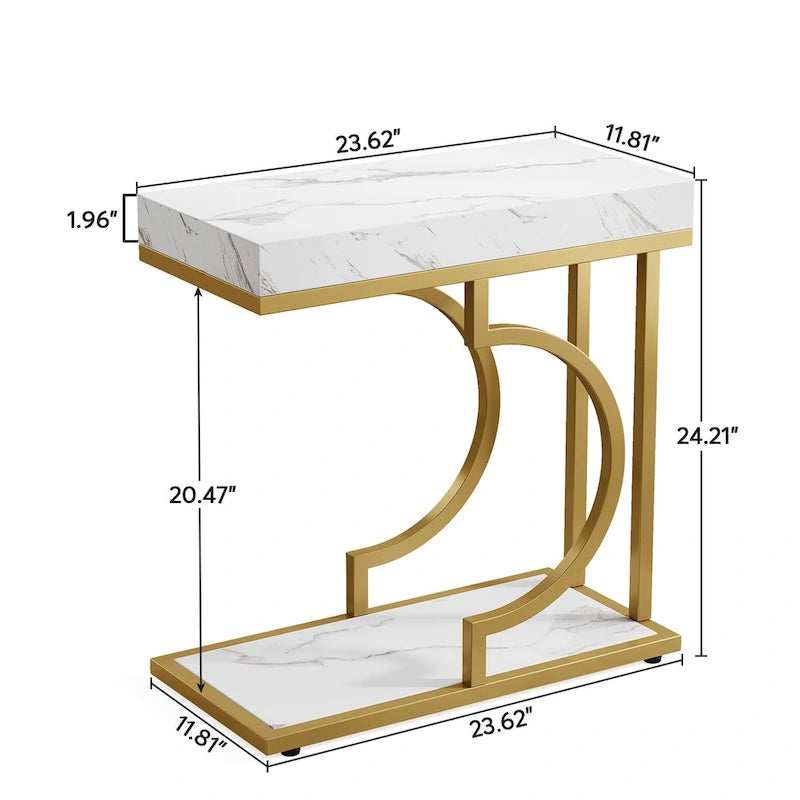 C-Shaped Faux Marble End Table with Gold Frame