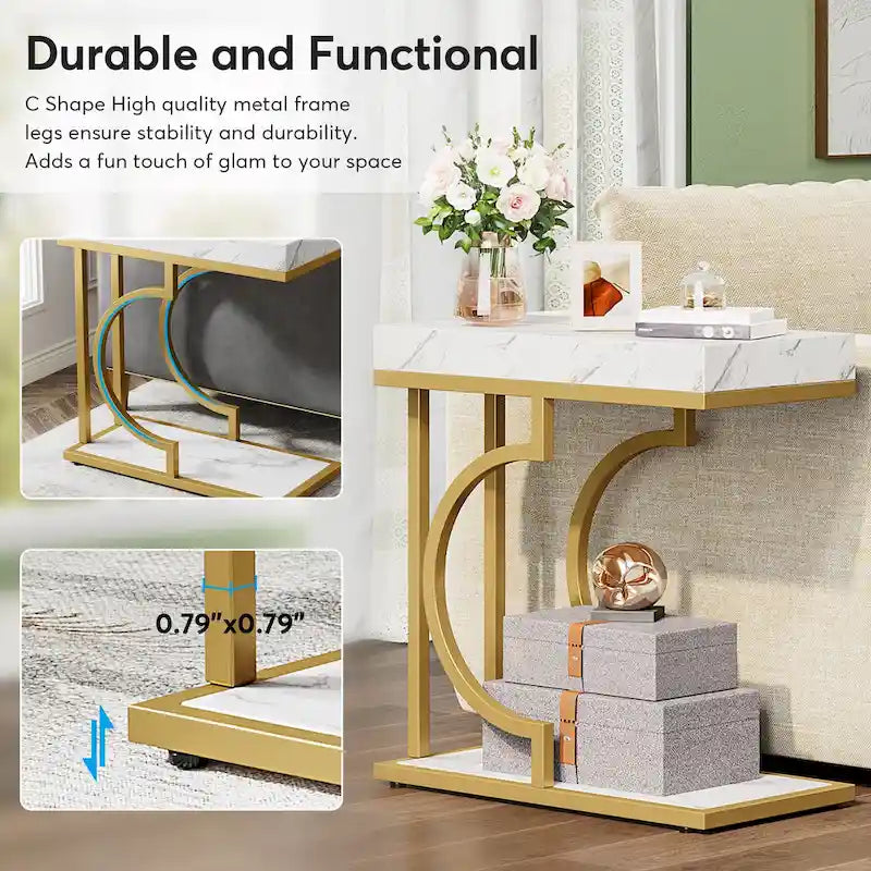 C-Shaped Faux Marble End Table with Gold Frame