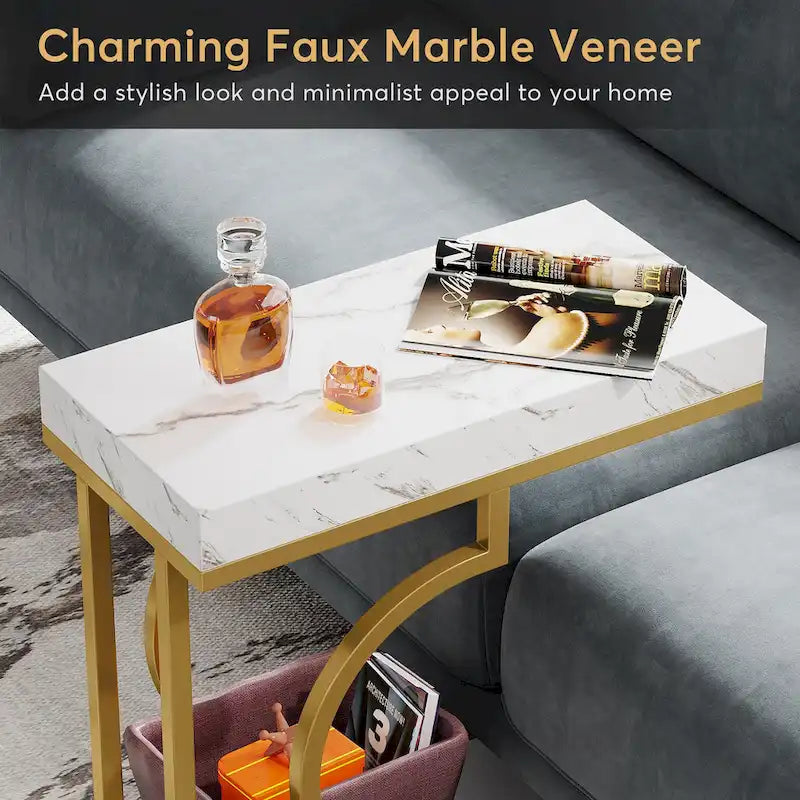 C-Shaped Faux Marble End Table with Gold Frame