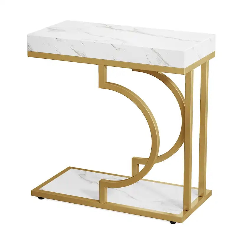 C-Shaped Faux Marble End Table with Gold Frame