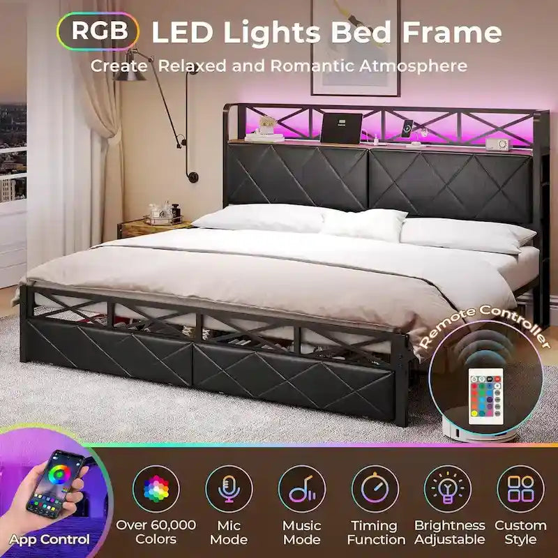 Letto con rete a doghe imbottito, luci LED, testiera contenitore e 2 cassetti
