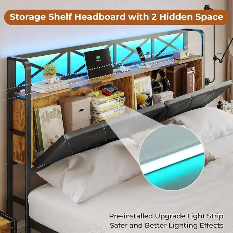 Letto con rete a doghe imbottito, luci LED, testiera contenitore e 2 cassetti