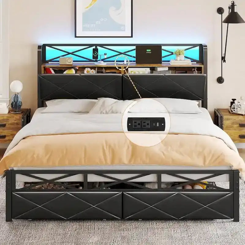 Letto con rete a doghe imbottito, luci LED, testiera contenitore e 2 cassetti