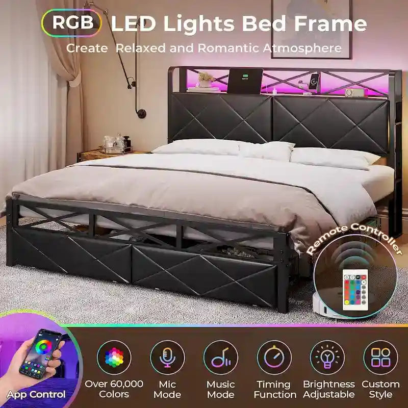 Letto con rete a doghe imbottito, luci LED, testiera contenitore e 2 cassetti