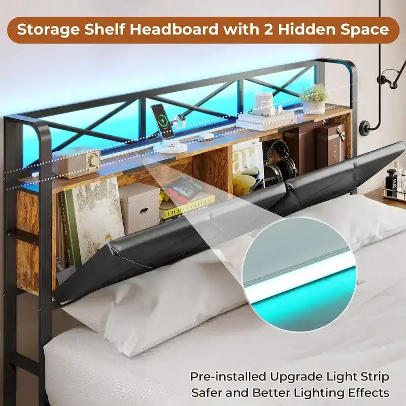 Letto con rete a doghe imbottito, luci LED, testiera contenitore e 2 cassetti