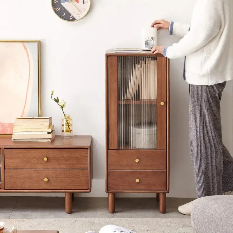 Eckschrank aus Massivholz mit Glastür, 2 Regalböden und 2 Schubladen