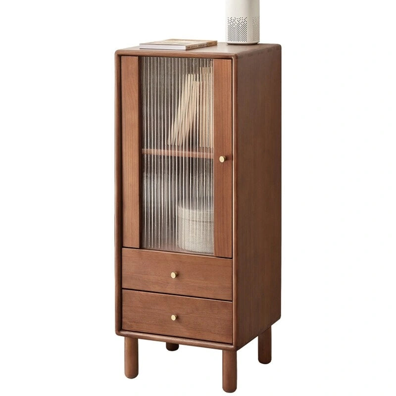 Eckschrank aus Massivholz mit Glastür, 2 Regalböden und 2 Schubladen