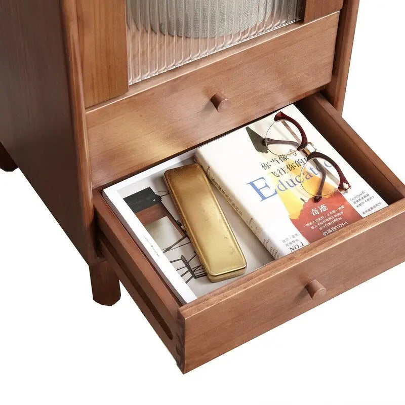 Meuble d’angle de rangement en bois massif avec porte vitrée, 2 étagères et 2 tiroirs