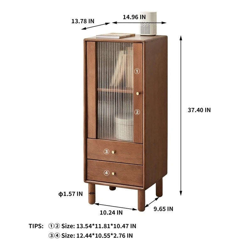 Meuble d’angle de rangement en bois massif avec porte vitrée, 2 étagères et 2 tiroirs