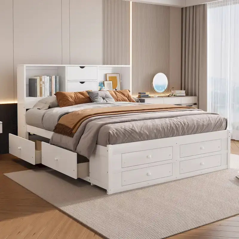 Platform Bed with Storage Headboard and 8 Drawers