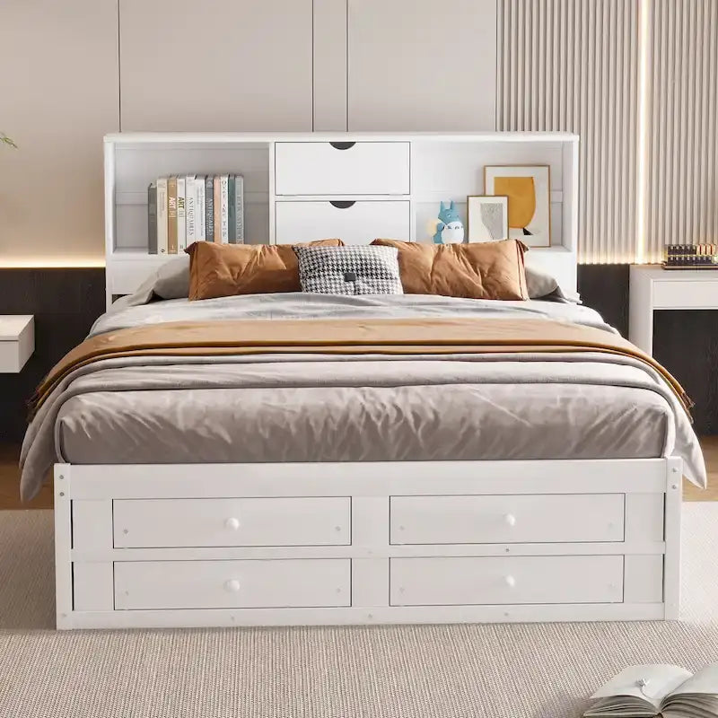 Podestbett mit Kopfteil mit Stauraum und 8 Schubladen