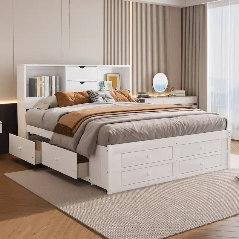 Podestbett mit Kopfteil mit Stauraum und 8 Schubladen