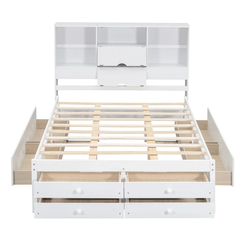 Podestbett mit Kopfteil mit Stauraum und 8 Schubladen