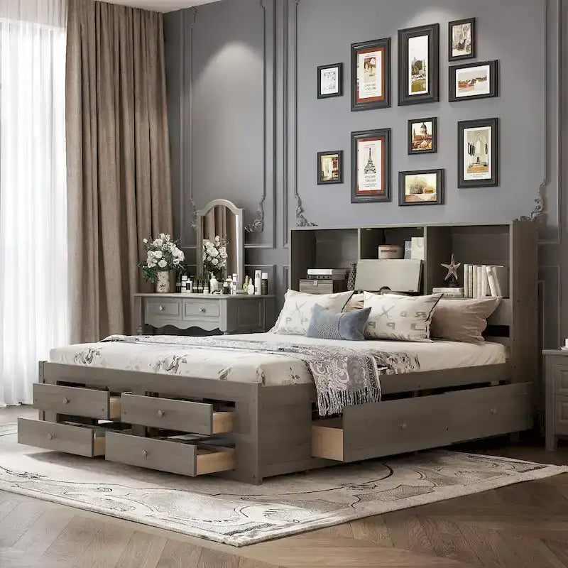 Podestbett mit Kopfteil mit Stauraum und 8 Schubladen