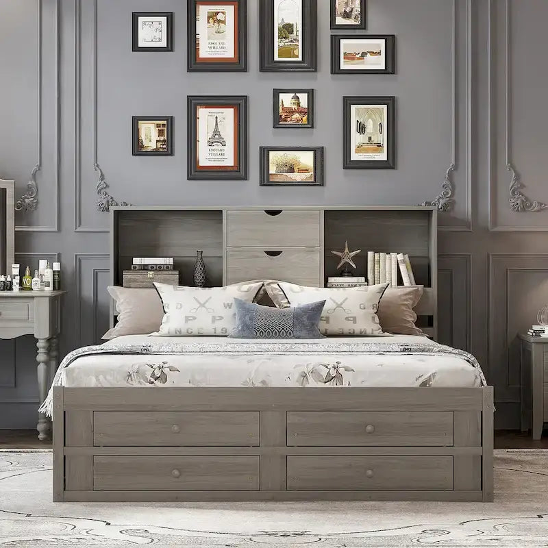 Podestbett mit Kopfteil mit Stauraum und 8 Schubladen