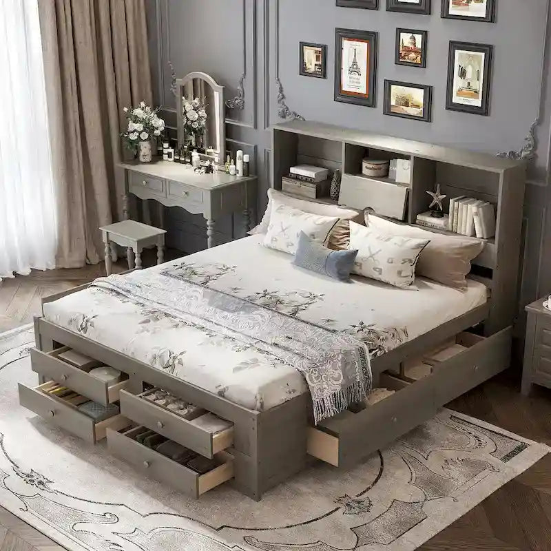 Podestbett mit Kopfteil mit Stauraum und 8 Schubladen