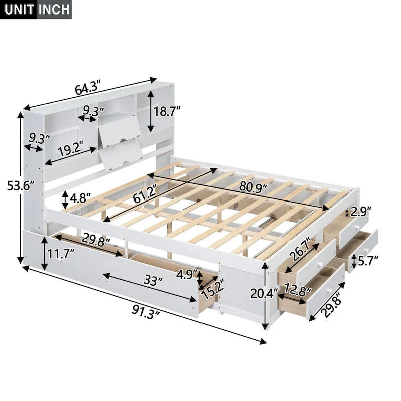Podestbett mit Kopfteil mit Stauraum und 8 Schubladen
