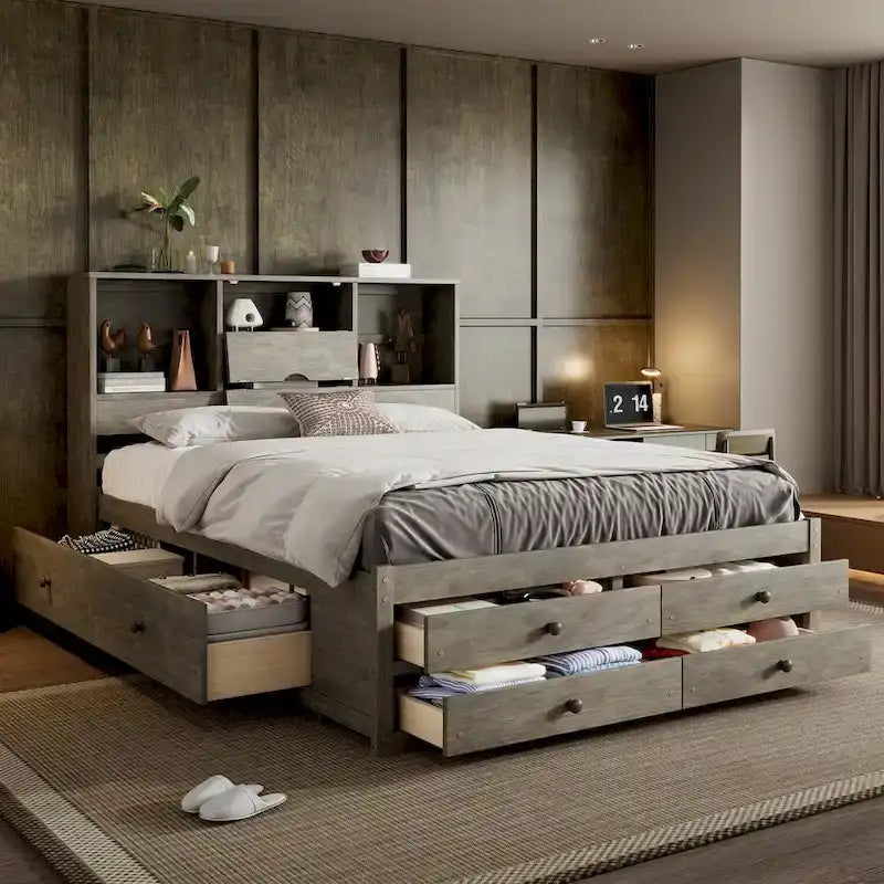 Podestbett mit Kopfteil mit Stauraum und 8 Schubladen