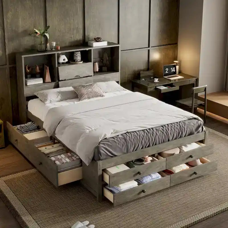 Podestbett mit Kopfteil mit Stauraum und 8 Schubladen