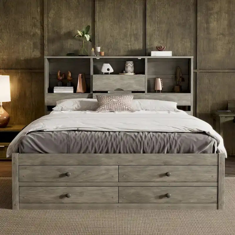 Podestbett mit Kopfteil mit Stauraum und 8 Schubladen