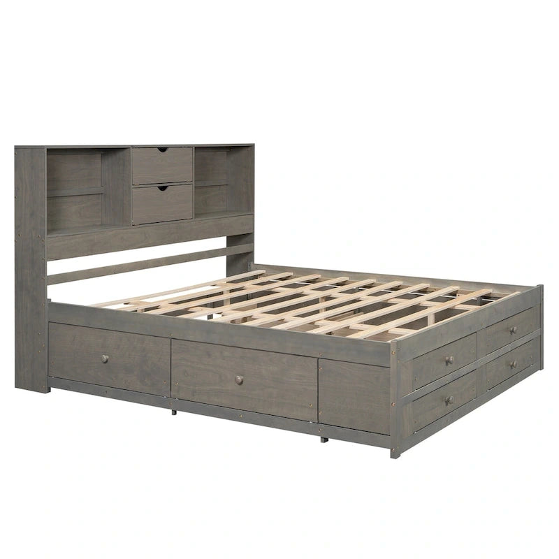 Podestbett mit Kopfteil mit Stauraum und 8 Schubladen