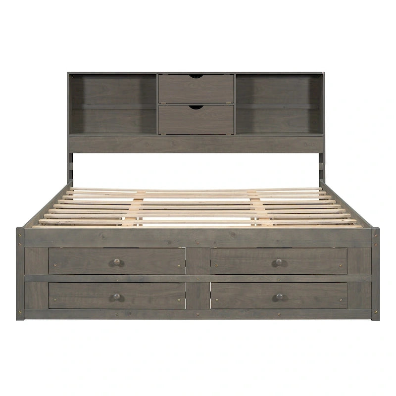 Podestbett mit Kopfteil mit Stauraum und 8 Schubladen