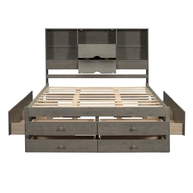 Podestbett mit Kopfteil mit Stauraum und 8 Schubladen