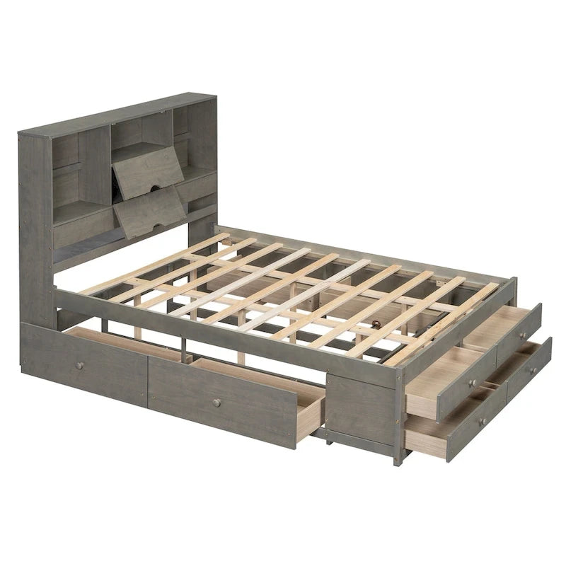 Podestbett mit Kopfteil mit Stauraum und 8 Schubladen