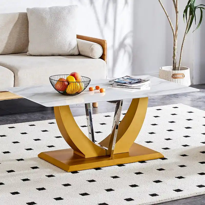 Table basse avec plateau en verre trempé, pieds en MDF et accents en acier
