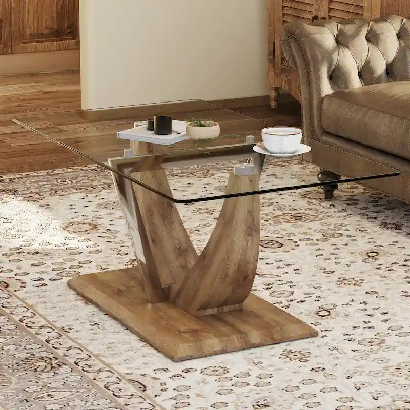Table basse avec plateau en verre trempé, pieds en MDF et accents en acier