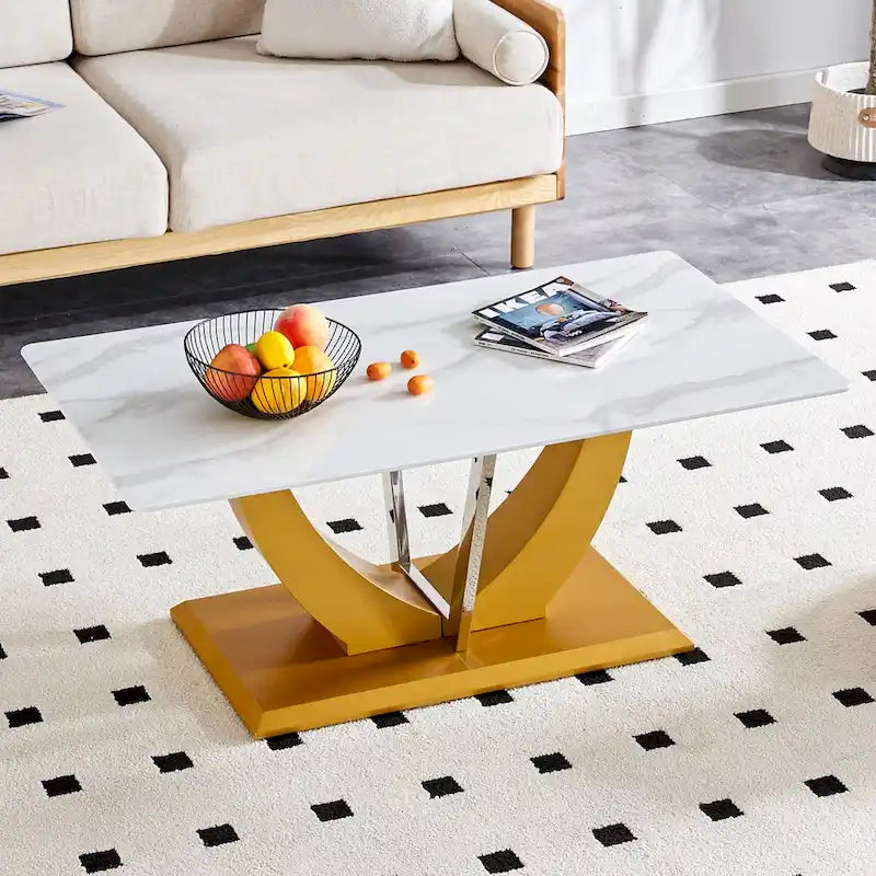 Table basse avec plateau en verre trempé, pieds en MDF et accents en acier