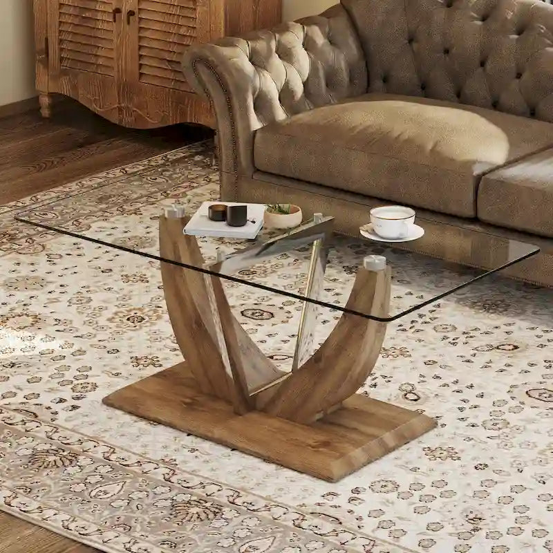Couchtisch mit gehärteter Glasplatte, MDF-Beinen und Stahlakzenten