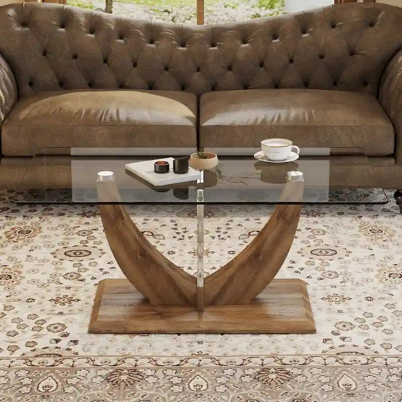 Couchtisch mit gehärteter Glasplatte, MDF-Beinen und Stahlakzenten